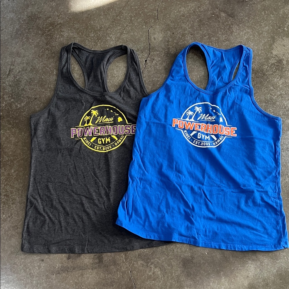Powerhouse Gym Maui Racerback Tank Tops - Blue & Charcoal